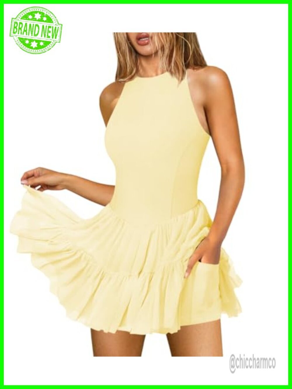 Flowy Pleated Ruffle Tennis Dress Built-In Shorts Pockets Sleeveless Mini